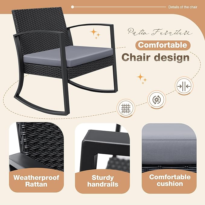 Greesum 3 Pieces Outdoor Furniture Set Patio Bistro Rocking Chairs with Glass Coffee Table for Pool Beach Backyard Balcony Porch Deck Garden, Light Gray