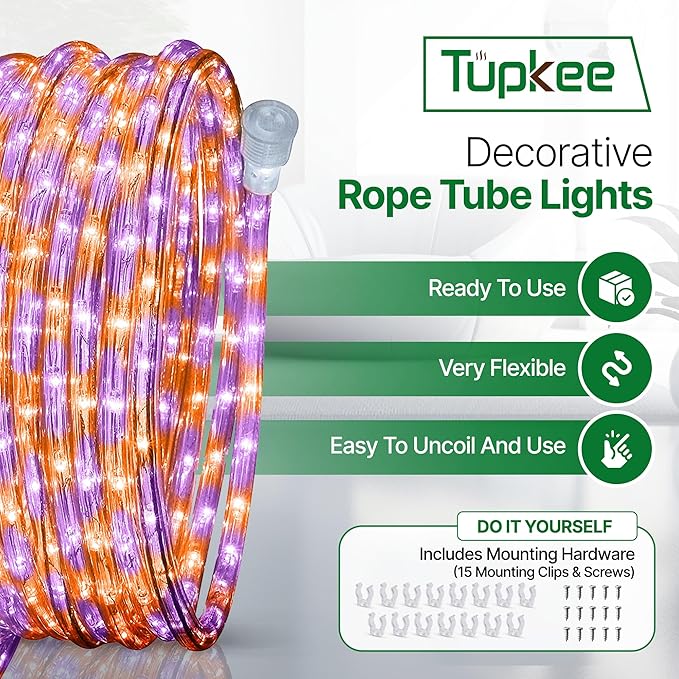 Tupkee LED Rope Light Orange & Purple - 24 Feet (7.3 m), for Indoor and Outdoor use - 10MM Diameter - 144 LED Long Life Bulbs Halloween Decorative Rope Tube Lights