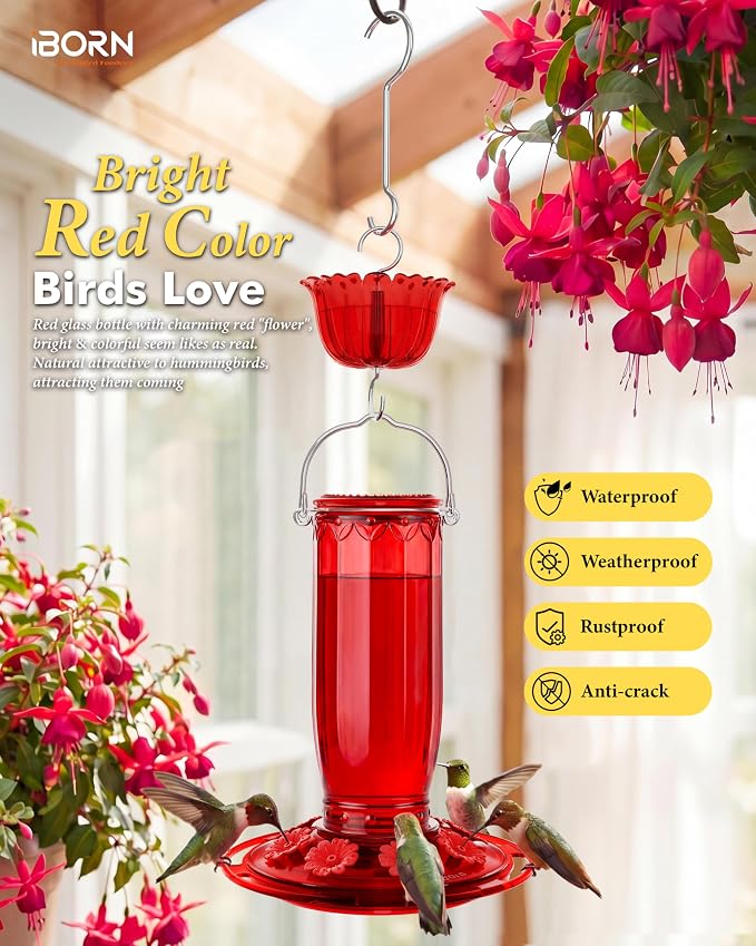 iBorn Hummingbird Feeders for Outdoors Hanging with Ant Moat for Hummingbird Feeder Glass 8 Ports for 16oz Humming Bird Nectar, Red Flowers Red Glass, Pack of 1
