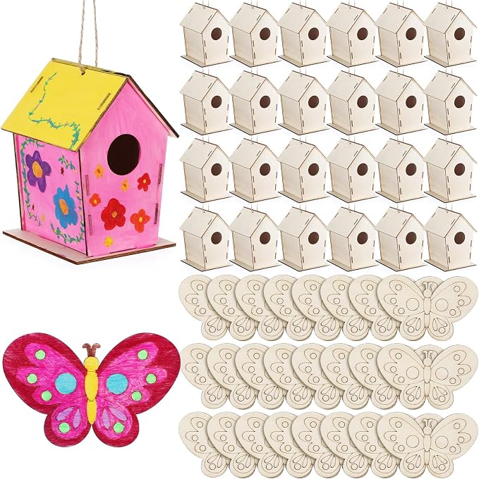 DoubleFill 96 Pack Wooden Bird Houses Bulk Butterfly Wood Chips for DIY Unfinished Hanging Birdhouse Kits Wooden Craft Houses to Paint Summer Bulk Craft Family Crafts Party Favor