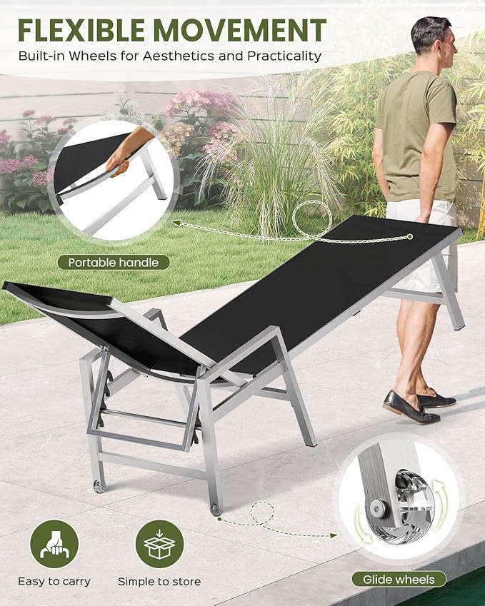 Vexwalx Patio Chaise Lounge Chair Outdoor with Wheels&Armrests, Aluminum Pool Lounge Chairs 5-Position Adjustable Recliner, Outdoor Beach Lounge Chairs for Poolside, Patio, Deck, Yard, Black