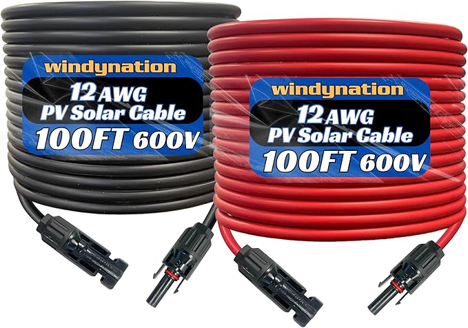 WindyNation 12 Gauge 12 AWG Pair 100 Feet Black + 100 Feet Red PV Photovoltaic Solar Panel Extension Cable Wire Solar Connectors