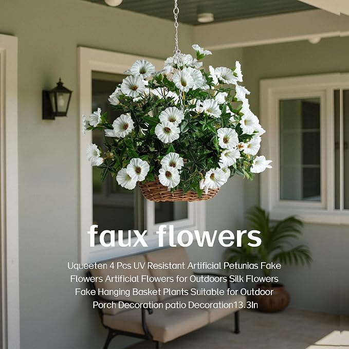 White Artificial Morning Glory Flowers for Outdoor Planters, UV Resistant Silk Faux Flowers for Hanging Basket, Porch & Window Box, Lifelike Farmhouse Garden Decor, No Pot, 13.3 Inch, 4 Bundles