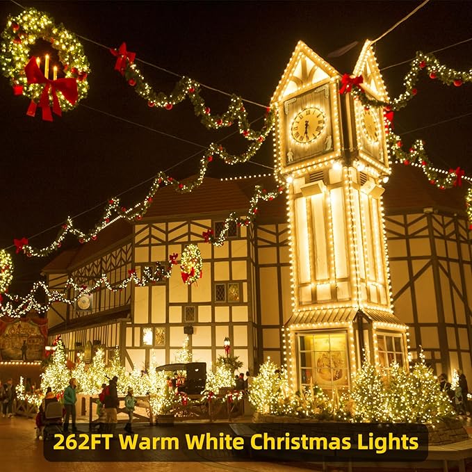 XTF2015 262FT 800 LED Christmas String Lights, Christmas Lights Plug 8 Modes Memory Function with Timer, UL Certified Outdoor Indoor Fairy Light Christma s Tree, Patio, Party (Warm White)