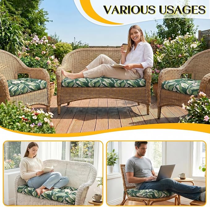 1 MIDDLE ONE Wicker Chair Cushions 3 Pieces Set for Outdoor Furniture, Replacement Patio Wicker Furniture Cushions, 1Pc Loveseat Cushion & 2Pcs Chair Cushions (Green Tulip)