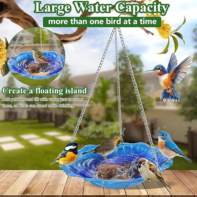 2 Pack Hanging Bird Bath for Outdoors, 11 Inch Metal Bird Feeder Water Bowl with Rust-Proof Stainless Steel Chains Flower Shape Hanging Birdbaths Feeder for Outside Garden Yard Patio Decor