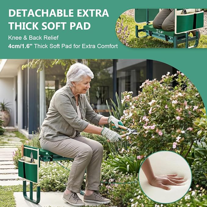 AUROPEAK 2-in-1 Garden Kneeler and Seat, Adjustable Garden Stool with Thickened Pad & Handles, 7-Level Height Adjustment, Foldable 420lbs with 2 Tool Bags for Seniors Gardening Outdoor Use