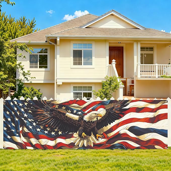 American Flag Eagle Fence Banner 118 x 35 Inch, Large Waterproof Outdoor Patriotic USA Banner with Bald Eagle for Yard Porch Fence 4th of July Independence Day Decorations
