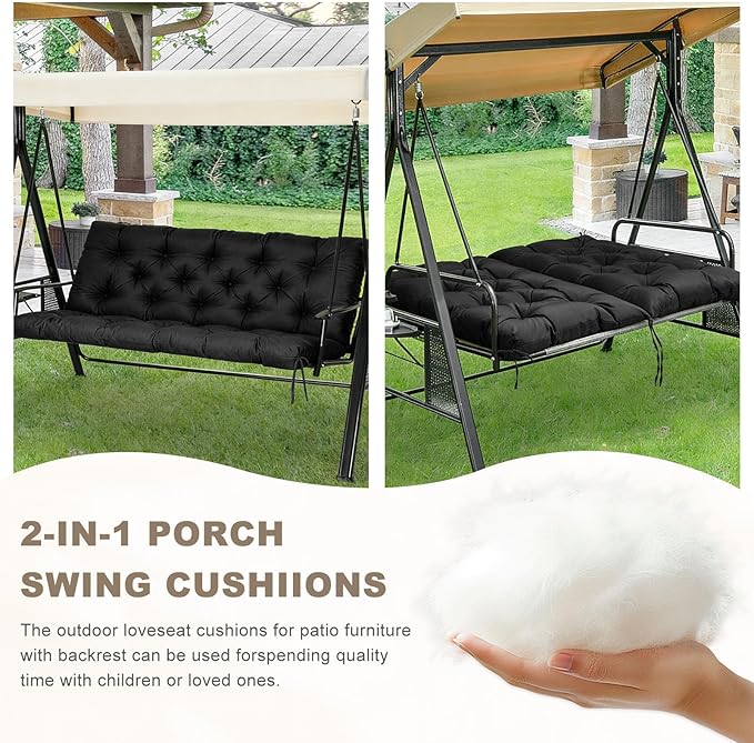 Porch Swing Cushion with Backrest,Waterproof Bench Cushion for Outdoor Furniture,2-3 Seater Replacement Thickened Swing Cushion with Ties,Patio,Outdoor,Backyard and Garden (Black,60x40)