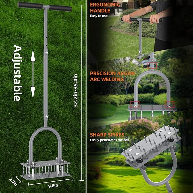 GAINO Manual Lawn Aerator Tool with 15 Spikes, 32"-35" Adjustable T-Handle Aerator for Lawn, Automatic Dirt Ejection Design, Heavy Duty Yard Grass Aerator for Soil Compaction,Gray