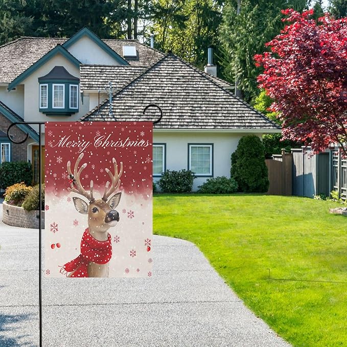 Merry Christmas Reindeer House Flag 28x40 Inch Double Sided Outside Winter Snowflake Poinsettia Xmas Seasonal Yard Outdoor Flag Banner for Garden Lawn Patio Holiday Decorations