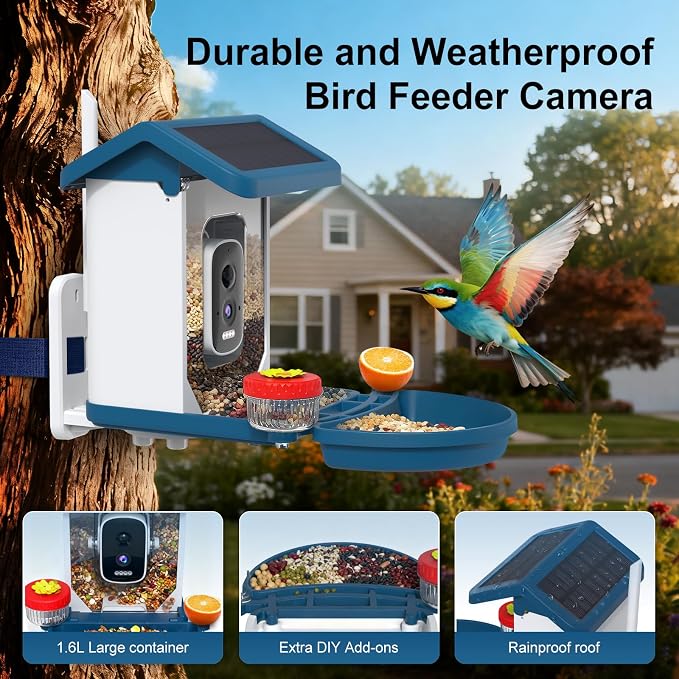 Smart Bird Feeder with Camera Solar Powered, 4K HD Video Bird House, AI Bird Species Identification, Live Stream & Night Vision, Auto-Capture & Notify, Weatherproof Design, Ideal Gifts for Lover