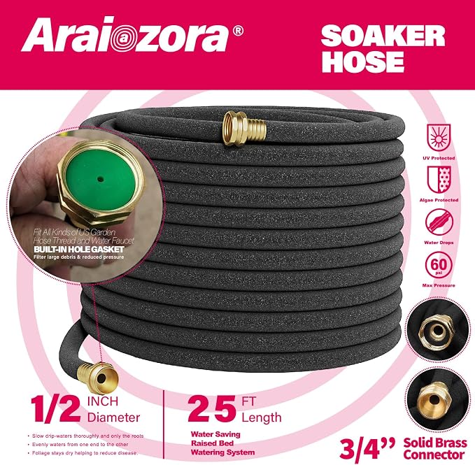 Soaker Hose 25FT 1/2 Inch Premium Soaker Hose with Solid Brass Connectors, for Deep Root Watering in Flower Beds & Landscaping