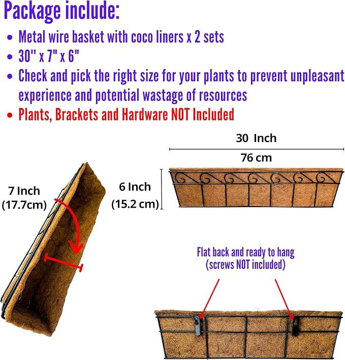 LaLaGreen Wall Mounted Planters - 30 Inch, 2 Pack Window Flower Pot Attach to House Outdoor, Balcony Plant Pot Over the Rail, Deck Railing Hanging Coco Liners, Metal Horse Troughs Fence Patio Porch