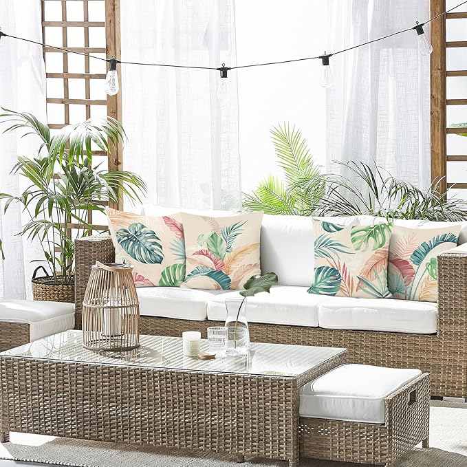 Bonhause Tropical Leaves Throw Pillow Covers 18 x 18 Inch Set of 4 Pink Green Palm Leaf Polyester Linen Decorative Pillow Cases for Couch Sofa Bed Home Garden Outdoor Décor