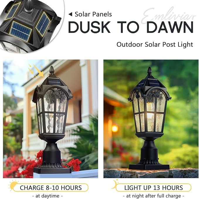 Emliviar 17.3 Inch Solar Lamp Post Light in Black Finish, Dusk to Dawn Outdoor Light Fixture with Remote Control, Pole Light with Water Grain Glass Shade, LED Bulb Included, YXE302P-SL BK