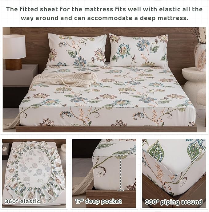 QSH Floral Bed Sheets Queen Size - 100% Egyptian Cotton Sheets Elegant Botanical Leaves Flower Pattern Printed Bedding Sheets Queen Size Bed Extra Soft and Breathable 4pcs Deep Pockets Bed Sheets