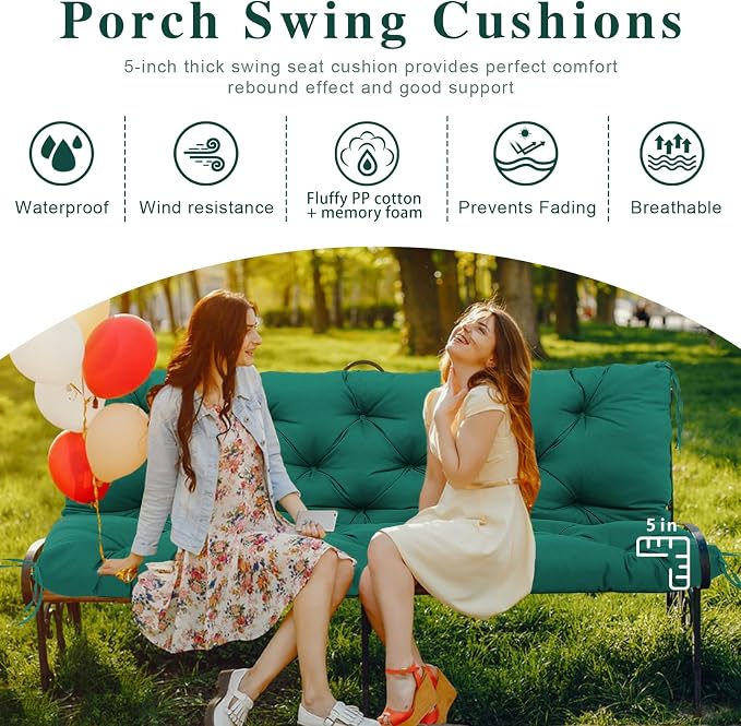 Porch Swing Cushions 60x40 Inch, 5" Extra Thick Waterproof Outdoor Swing Seat Cushion with Backrest & 8 Non-Slip Ties PP Cotton + Memory Foam Fill, Fade-Resistant 3-Seater Replacement for Patio Bench