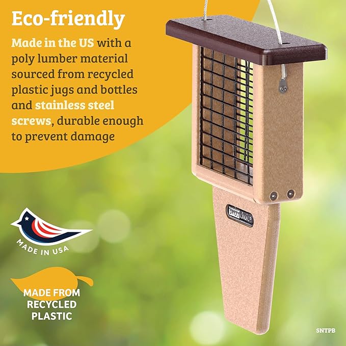 Birds Choice Suet Feeder with Tail Prop, Holds 1 Suet Cake | Hanging Suet Bird Feeder with Roof, Woodpeckers, Jays, Nuthatches | Sturdy for Garden & Backyard | Taupe & Brown, 8"L x 3"W x 12"H