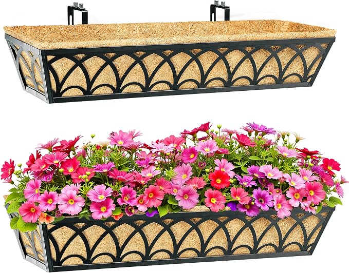 30 Inch Railing Planter Box Window Boxes Planters - 6 Pack Deck Railing Planter Boxes with Adjustable Brackets Coco Liners Balcony Planters Railing Hanging for Window Flower Boxes Outdoor Garden Decor