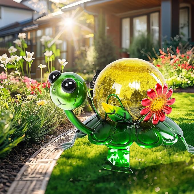 MUMTOP Solar Lanterns Outdoor Waterproof - Colorful Metal Turtle Solar Lights Decorative, Glass Tortoise Light Tabletop Lantern Lamp Ornaments for Yard Patio Garden Outside Decorations
