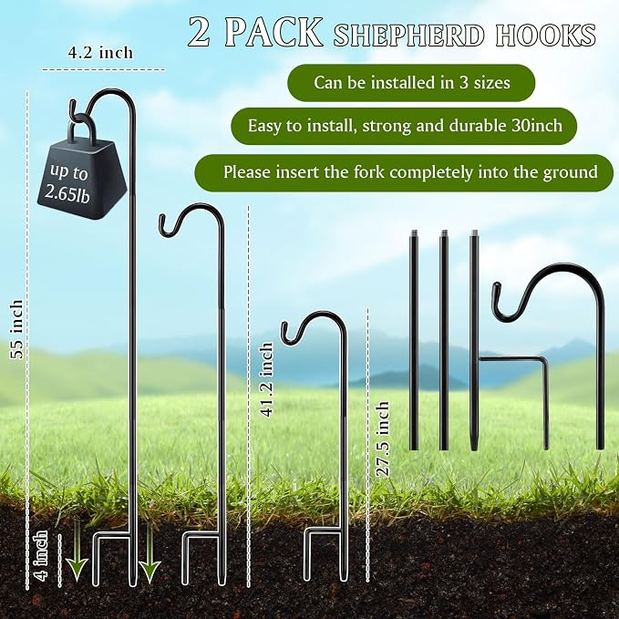 2 Pcs 55 Inch Shepherds Hook for Outdoor Adjustable Bird Feeder Pole Metal Steel Shepard Hooks for Hummingbird Stand Feeder Pole for Garden Plant, Lantern, Hanging Wedding Decor