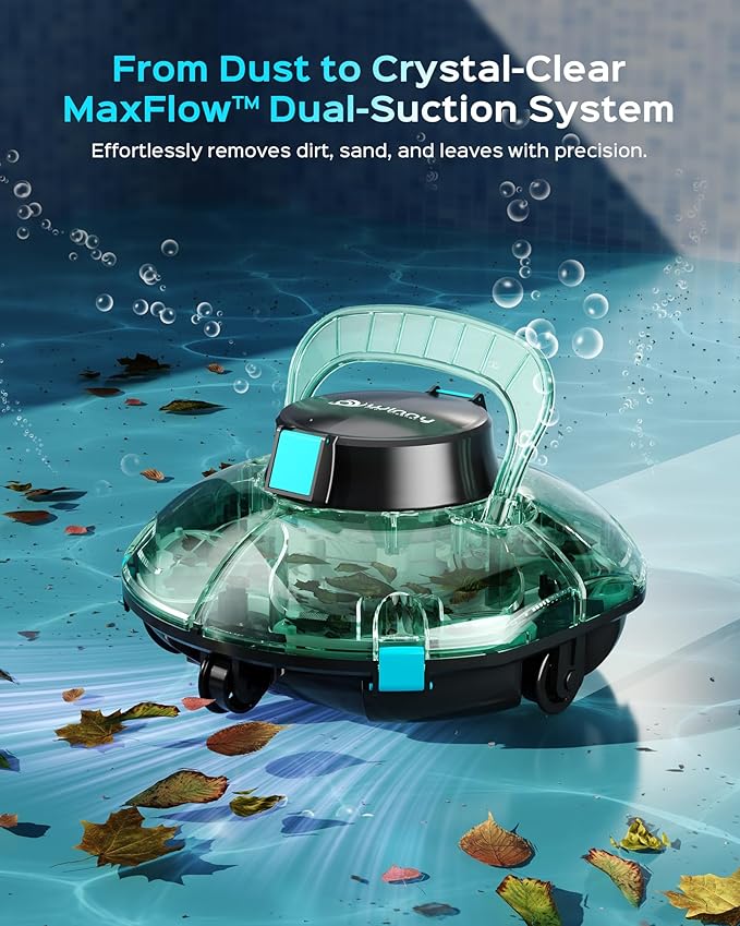 (2026 Upgrade) Cordless Robotic Pool Cleaner, Lasts 80 Min, Automatic Vacuum for Above-Ground Pools up to 650 Sq.ft,Portable, Self-Parking (Transparent Green)