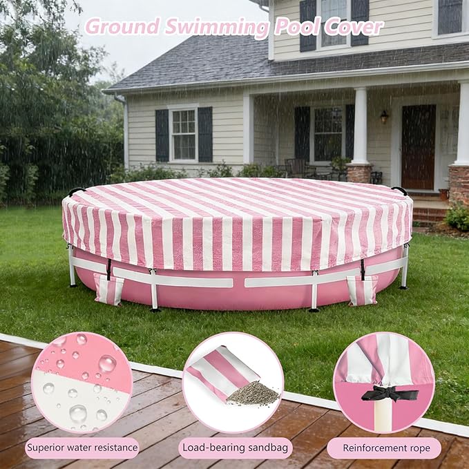 Solar Stock Tank Pool Cover, Waterproof Cover for 8 Feet by 30 Inches Large Round Metal Frame Above Ground Swimming Pool,with Tie-Down Ropes & 4 Sandbags,Increase Stability(Cover only,Pink)