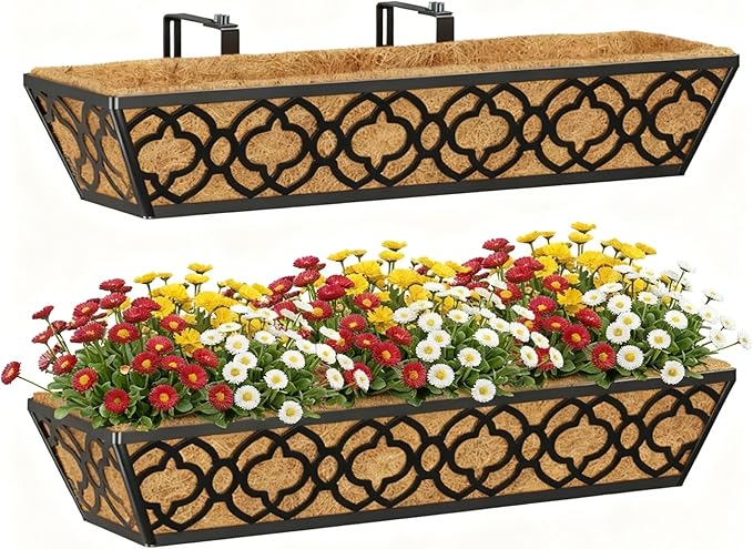 Y&M Deck Railing Planter Boxes, Adjustable Balcony Planter for Outdoor Plants, Metal Railing Planter Box for Deck, Fence and Porch, Window Boxes Outdoor, Sturdy Hanging Planter-24inch 2pcs