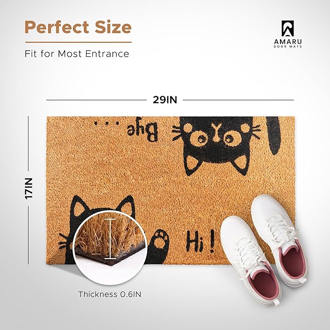 Hi-Bye Cat - 17"x29" - Coir Door Mat with Heavy Duty Backing - Welcome Mats for Entryway, Porch - Anti-Slip PVC & Coconut Fiber Surface - Natural Home Accessories, Minimalist Original Design