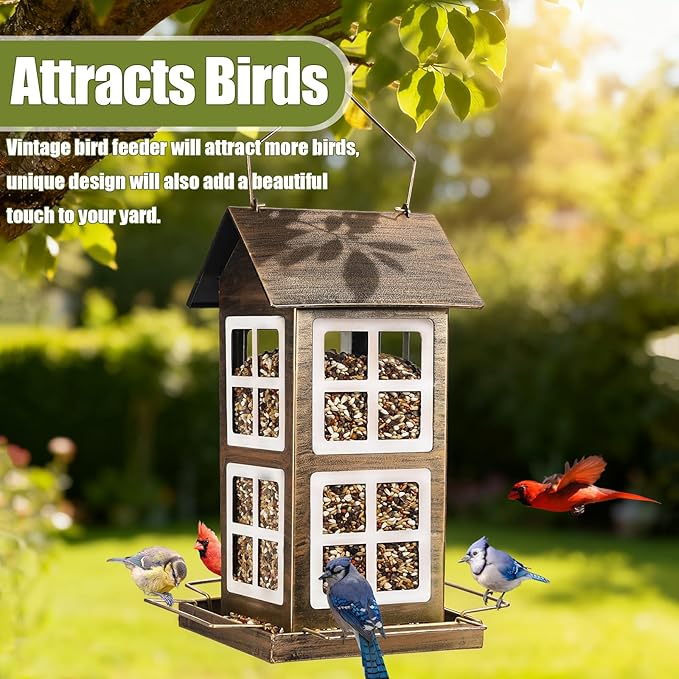Bird Feeders, Heavy Duty Metal Bird Feeder for Outdoors Hanging, Weatherproof Large Capacity Wild Birdfeeder for Outside Garden Yard, Country House Shape (Vertical)