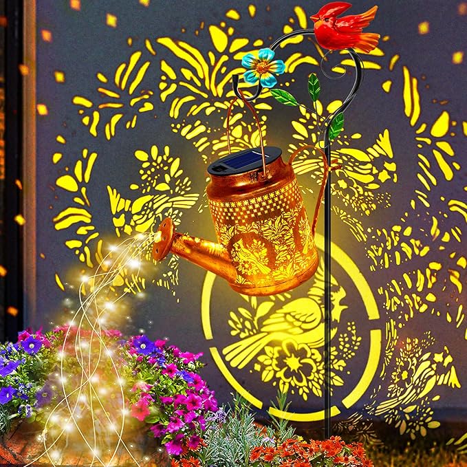 Solar Lights Outdoor Waterproof, Gift For Mom Grandma Women Wife Daughter Mother's Day, Cardinals Watering Can Light With Shepherd Hook, Outside Hanging Solar Light Garden Yard Front Porch Patio Decor