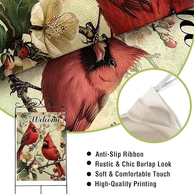 Artofy Welcome Cardinal Large Decorative House Flag, Vintage Red Birds Magnolia Flower Yard Garden Outside Decor, Retro Spring Summer Floral Burlap Outdoor Home Decoration Double Sided 28 x 40