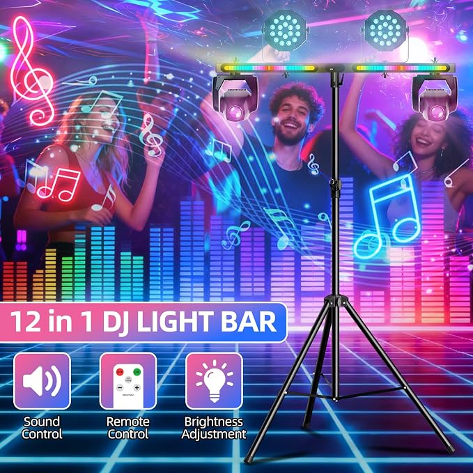 DJ Lights Stand, Heavy Duty DJ Stand T Bar with Light, 55-100 Inch Portable Par Can Tripod Stage Light Stand Adjustable Height, 12 in 1 RGB Rechargeable T-Bar for Stages, Banquet, Party