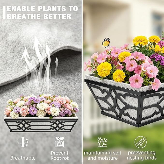 Window Planter Box, Railing Planter Box with Non-Woven Fabric Liners, 4 Pack 24" Hanging Flower Baskets for Outdoor Plants, Metal Deck Railing Planters with Adjustable Brackets, Apartment Balcony