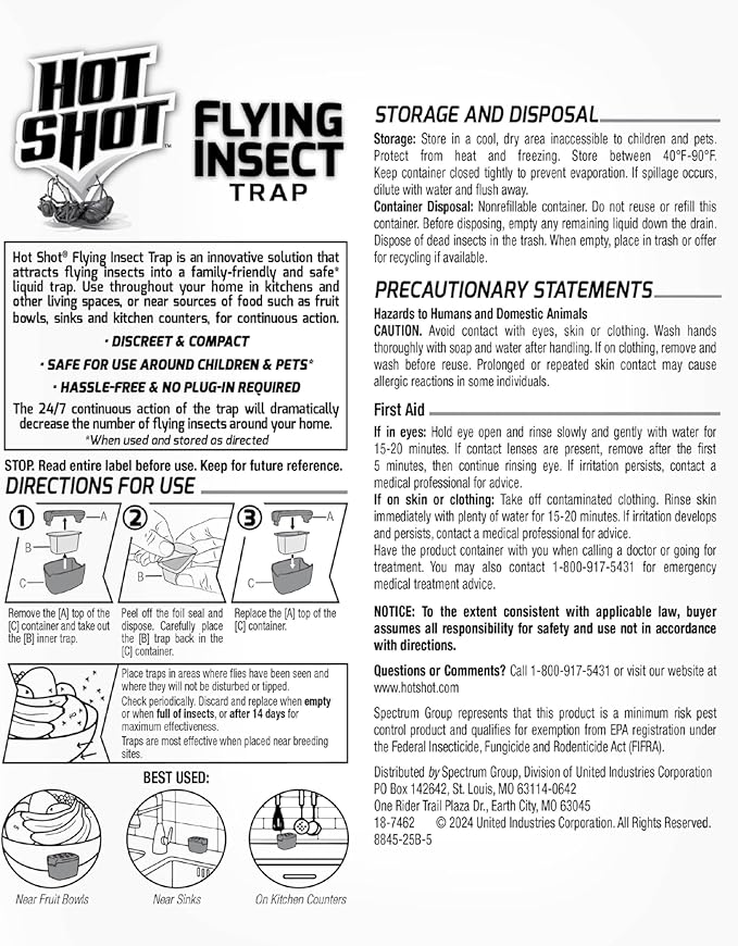 Hot Shot Flying Insect Trap, Discreet, Hassle-Free Trap Attracts, Captures House Flies and Fruit Flies, 24/7 Continuous Attraction, No Plug-in Or Electricity Needed, 1.98 Ounce, 6 Count