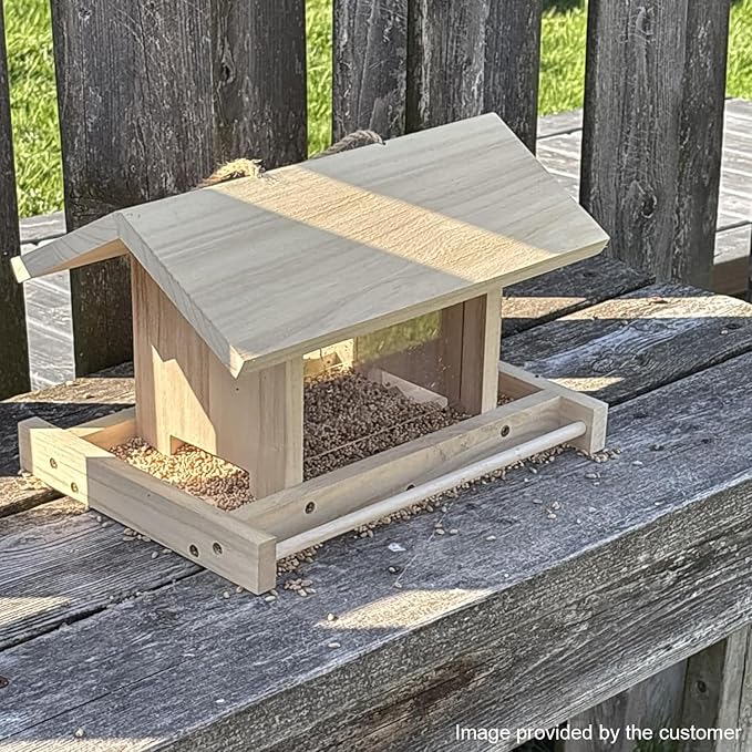 Hanging Wooden Bird Feeder Outdoor Large Capacity Wooden Bird Feeder for Feed Outdoor Garden Wildbirds Wings Robin Sparrow Blue Bird (Light Wood Color, Flat Side Panel)