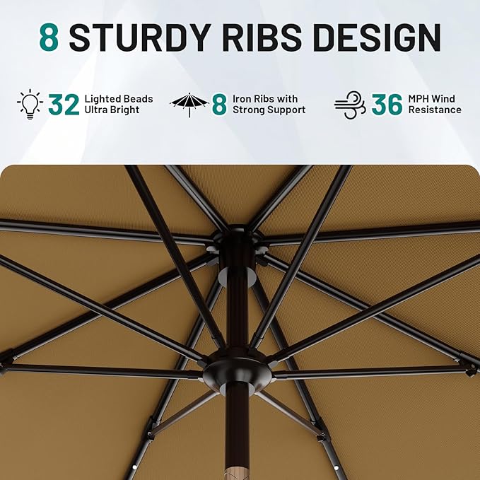 AreShark 11FT Large Patio Umbrella with Solar Lights, Lighted Solar Umbrella with Crank, Outdoor Table Market Umbrellas for Garden, Deck, Backyard, Pool and Beach, Khaki