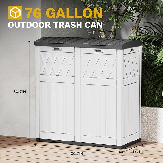 DWVO 76 Gallon Garbage Dual Can, Resin Outdoor Trash Can with Tiered Lid and Drip Tray, Waterproof Trash Bin for Patio,Kitchen,Backyard(Grayish-White)