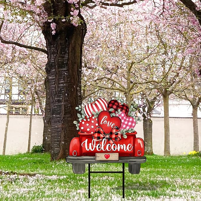 JarThenaAMCS Valentine' s Day Metal Garden Stake Welcome Yard Sign Red Love Heart Truck Decorative Lawn Sign for Wedding Anniversary Home Outside Lawn Porch Walkway Decor