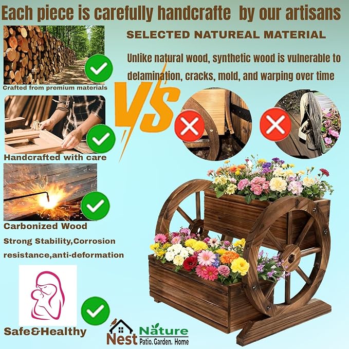 2 Tier Classic Wooden Wagon Planter Box|Outdoor Planter/Flower Pot for Indoor&Outdoor Plants-Rustic Garden Planter for Patio,Porch&Garden Decor- Raised Garden Bed for Succulents,Herbs,Vegetables
