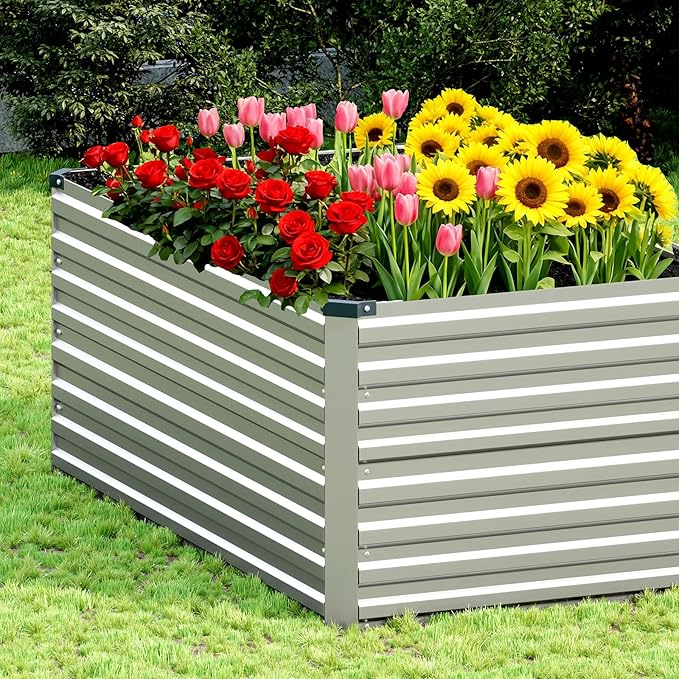 Vengarus 4x2x2FT Galvanized Raised Garden Bed Kit, Deep Root Planter Box Outdoor Large Planter Raised Beds for Planting Flowers,Vegetables and Herbs-Silver