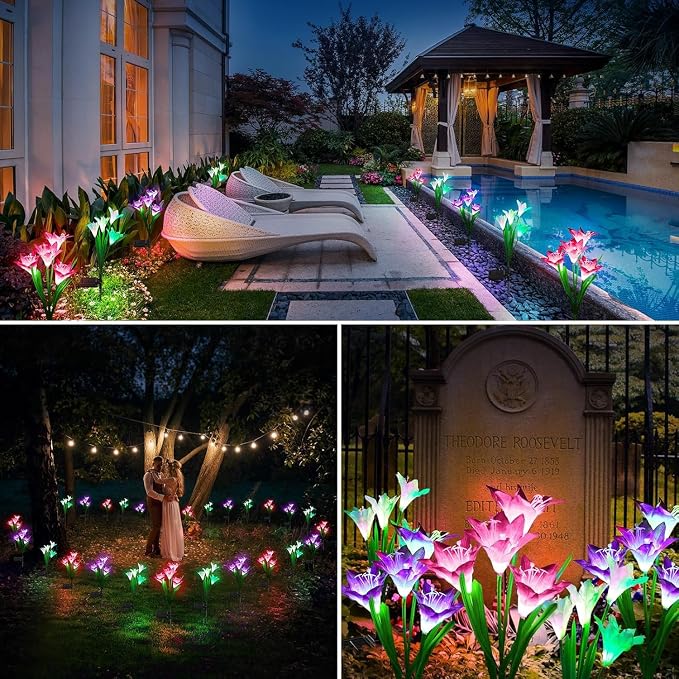 LETMY Solar Garden Lights, 4 Pack Solar Flower Lights with 4 Head Bigger Lily Lights, IP65 Waterproof Solar Lights Outdoor, Decorative Lights for Garden, Patio, Yard, Flower Bed