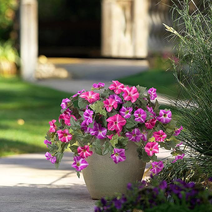 Ammyoo Artificial Hanging Fake Flowers with Basket Plants for Outdoor Decoration, Faux Silk Flower UV Resistant Morning Glory for Home Porch Patio Garden Balcony Yard Look Real (Fuchsia Lotus)