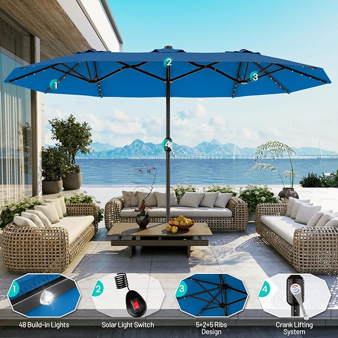 AreShark 13 FT Patio Umbrella with Solar Lights, Double-Sided Outdoor Table Umbrellas with Crank, Large Rectangular Market Umbrella for Porch, Lawn, Pool, Backyard, Royal Blue