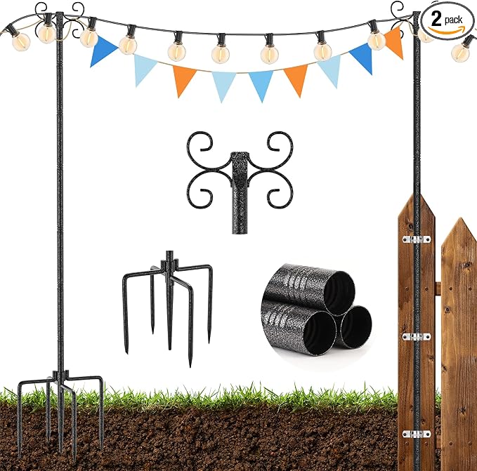 2 Pack Outdoor String Light Poles, 3M/10FT Adjustable Height Metal Lights Hanging Pole with 4 Hooks and Rustproof, for Patio Garden Deck Backyard Lawn Sunshade and Decor