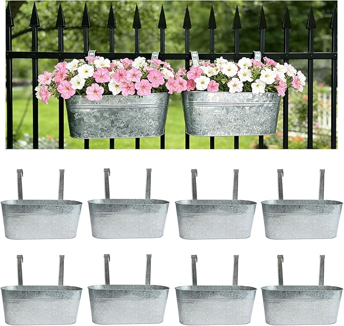 Balcony Galvanized Hanging Planters Railing Flower Pots, Outdoor Metal Fence Planter Pot with Detachable Hooks Drain Hole for Garden Patio Yard Decor (17 Inch, 8Pcs)