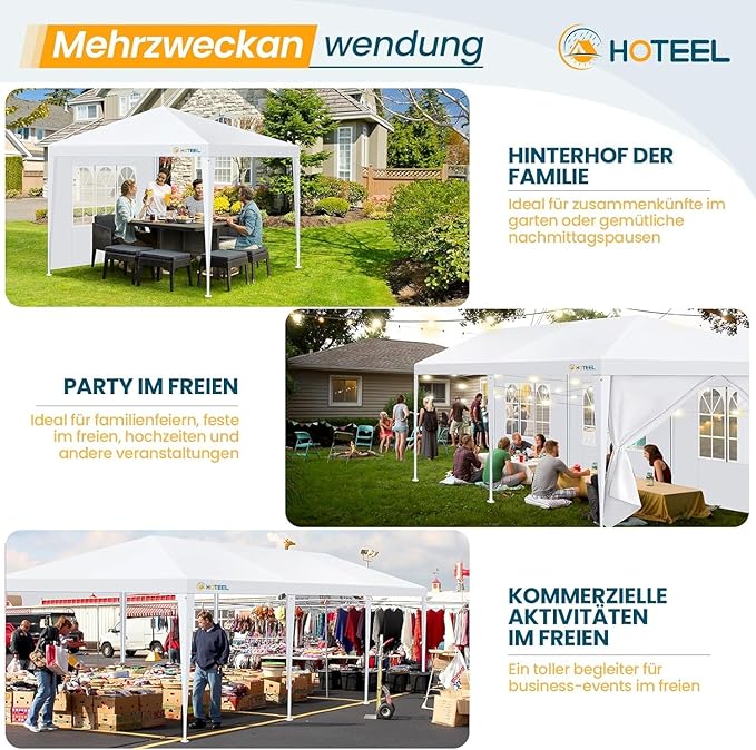 HOTEEL 10x10FT Event Canopy Party Tent for 8-12 People with 4 Removable Sidewalls, 2 Zipper Doors, 8 Ropes and 16 Stakes, Carpas para Fiestas for Patio Wedding Backyard, White