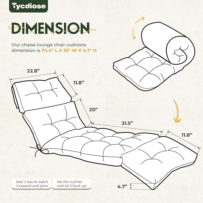 Outdoor Chaise Lounge Chair Cushion Waterproof 74.4 x 22 x 4.7 Inches Memory Foam Lounge Chair Cushions Replacement for Outdoor Furniture with Ties, Thickened Pool Lounge Chair Cushion, Green