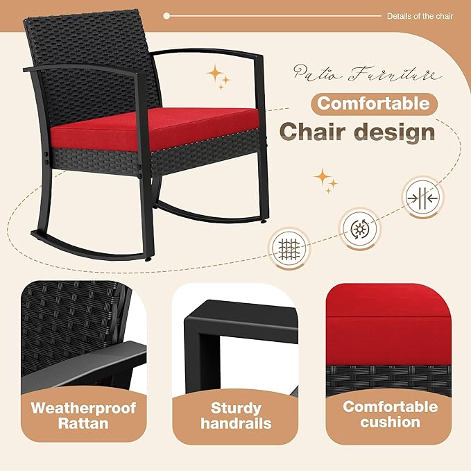 Greesum 3 Piece Outdoor Bistro Set, Imitation Rattan Conversation Set, Patio Furniture with Glass Top Coffee Table for Pool, Deck, Porch, Garden or Balcony, Bright Red